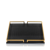 Faux Leather Rectangular Tray With Brass Handle